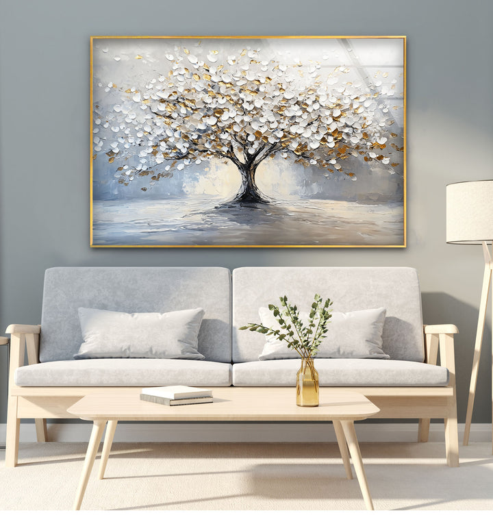 Golden Blossom Tree – Elegant White and Gold Glass Wall Art
