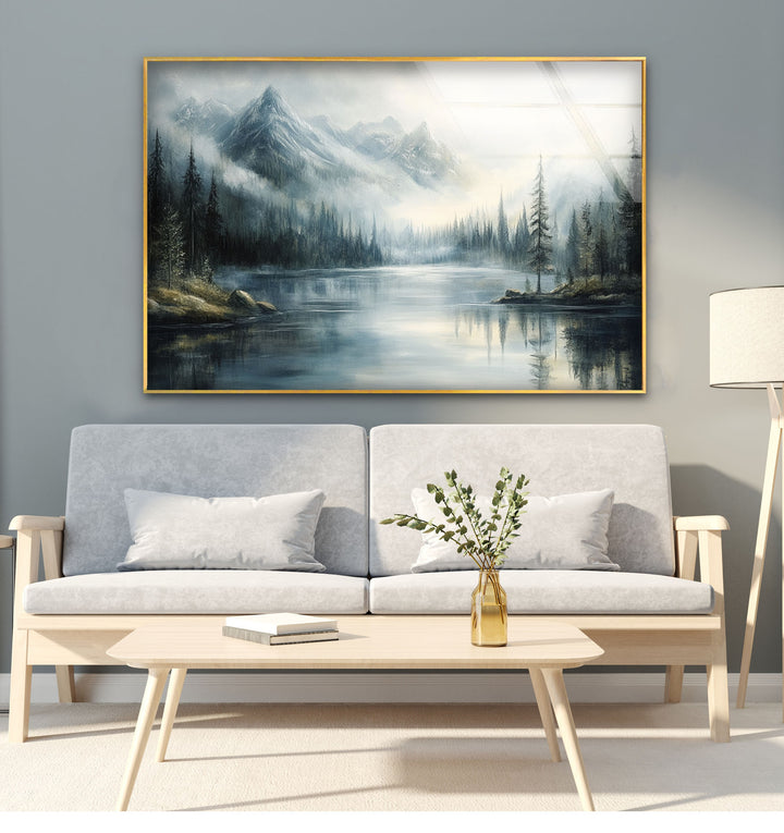 Whispering Pines – Misty Mountain Lake Glass Wall Art