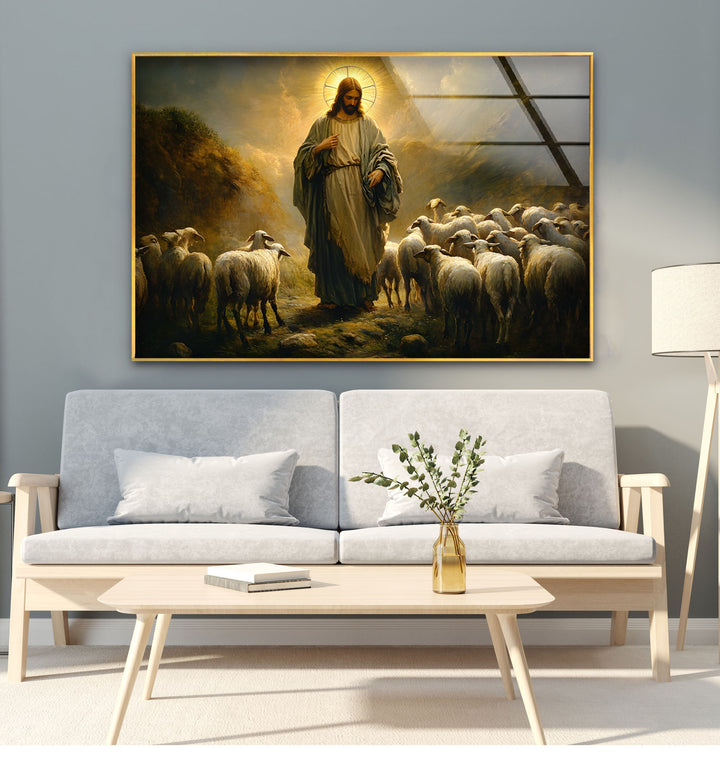 Der gute Hirte – Jesus mit Schafen – Wandbild aus Glas