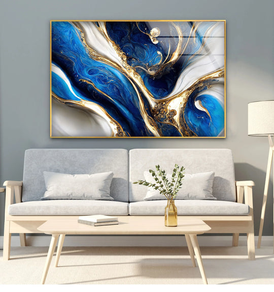 Celestial Currents abstract glass art features swirling navy blues, bright white, and shimmering gold creating a luxurious, fluid motion.
