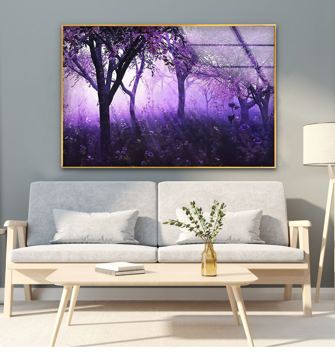 Mystic Purple Forest – Enchanted Trees with Lavender Light Glass Wall Art