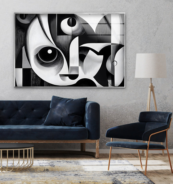High-contrast black and white glass wall art showcasing a dynamic cubist-inspired visual effect.