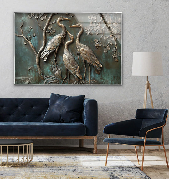 Verdigris harmony unfolds in this bronze crane trio glass wall art decor, showcasing a rich transition from deep teal to antique metallic hues.