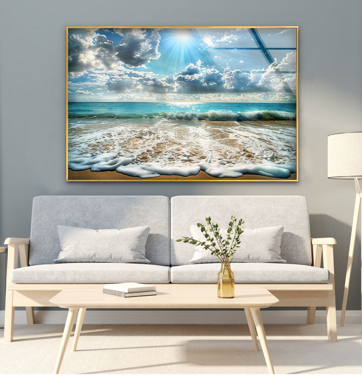 Sunlit Ocean Waves and Sandy Beach - Glass Wall Art