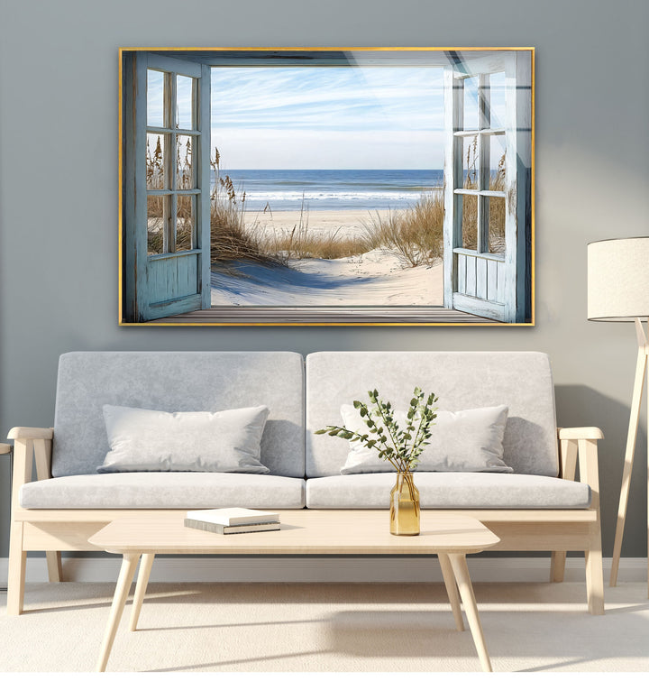 Ocean Breeze Escape – Open Window View Glass Wall Art