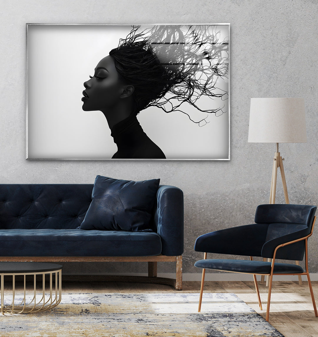 Abstract Profile Portrait – Black & White Woman with Flowing Hair Wall Art