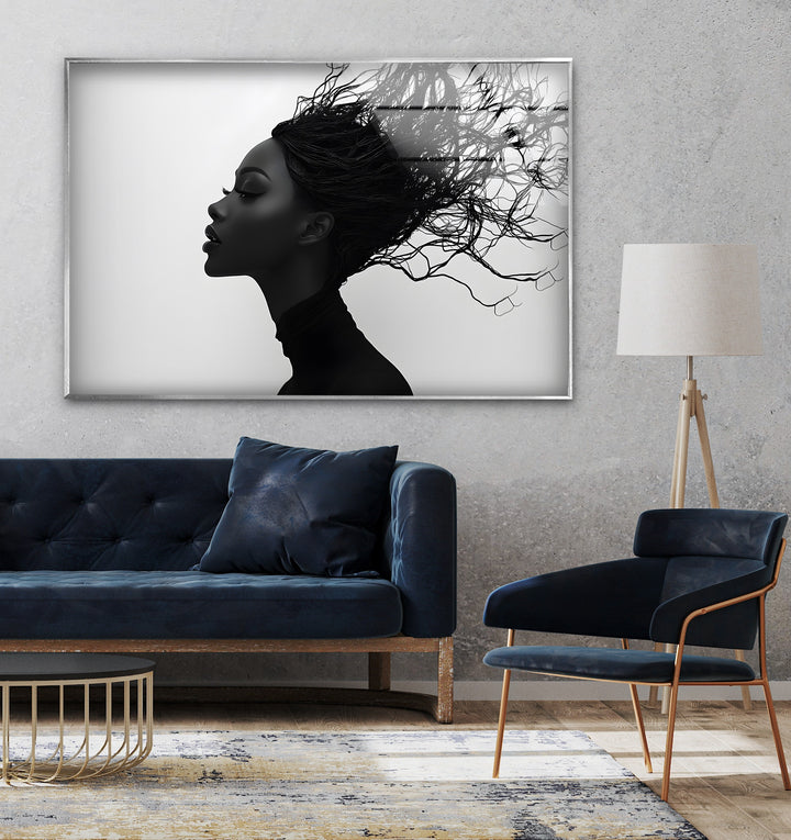 Abstract Profile Portrait – Black & White Woman with Flowing Hair Wall Art