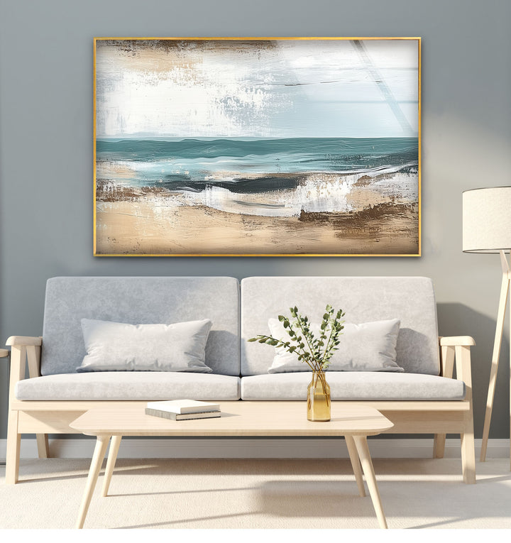 Tranquil Shoreline – Textured Coastal Horizon Glass Wall Art
