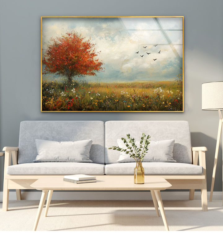 Golden Meadow Breeze – Red Tree in Bloom Glass Wall Art