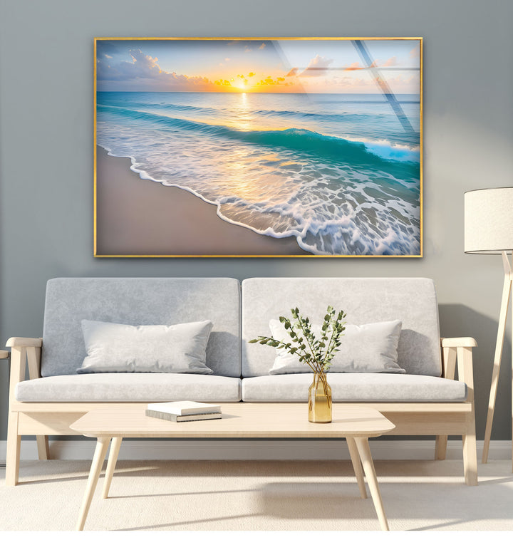 Serene Shoreline – Sunset Ocean Glass Wall Art