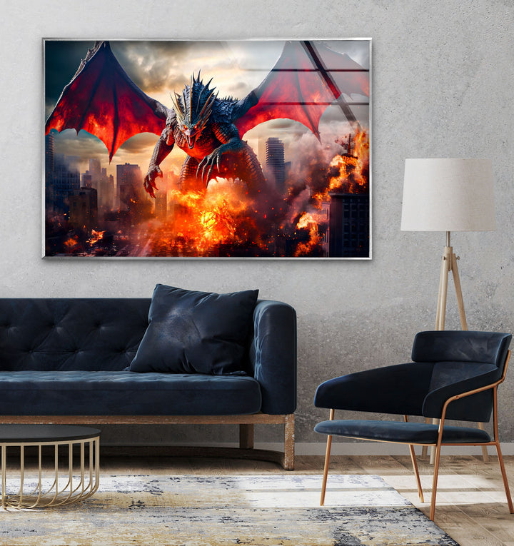 Majestic dragon causing chaos, its fiery breath engulfing the city in flames.
