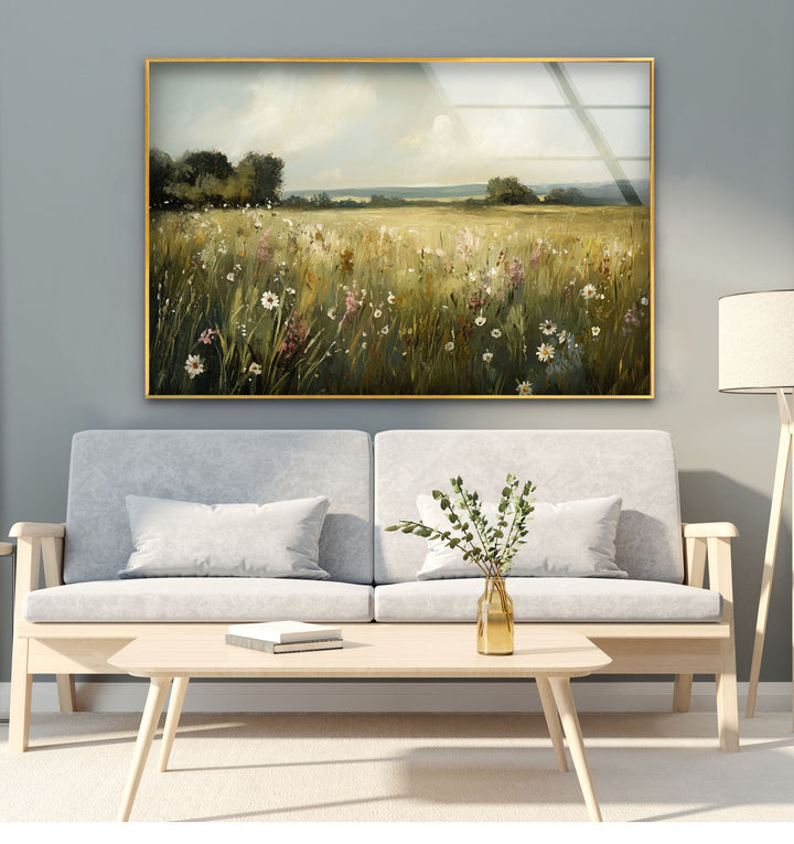 Golden Meadow Breeze – Wildflower Field in Soft Sunshine Glass Wall Art