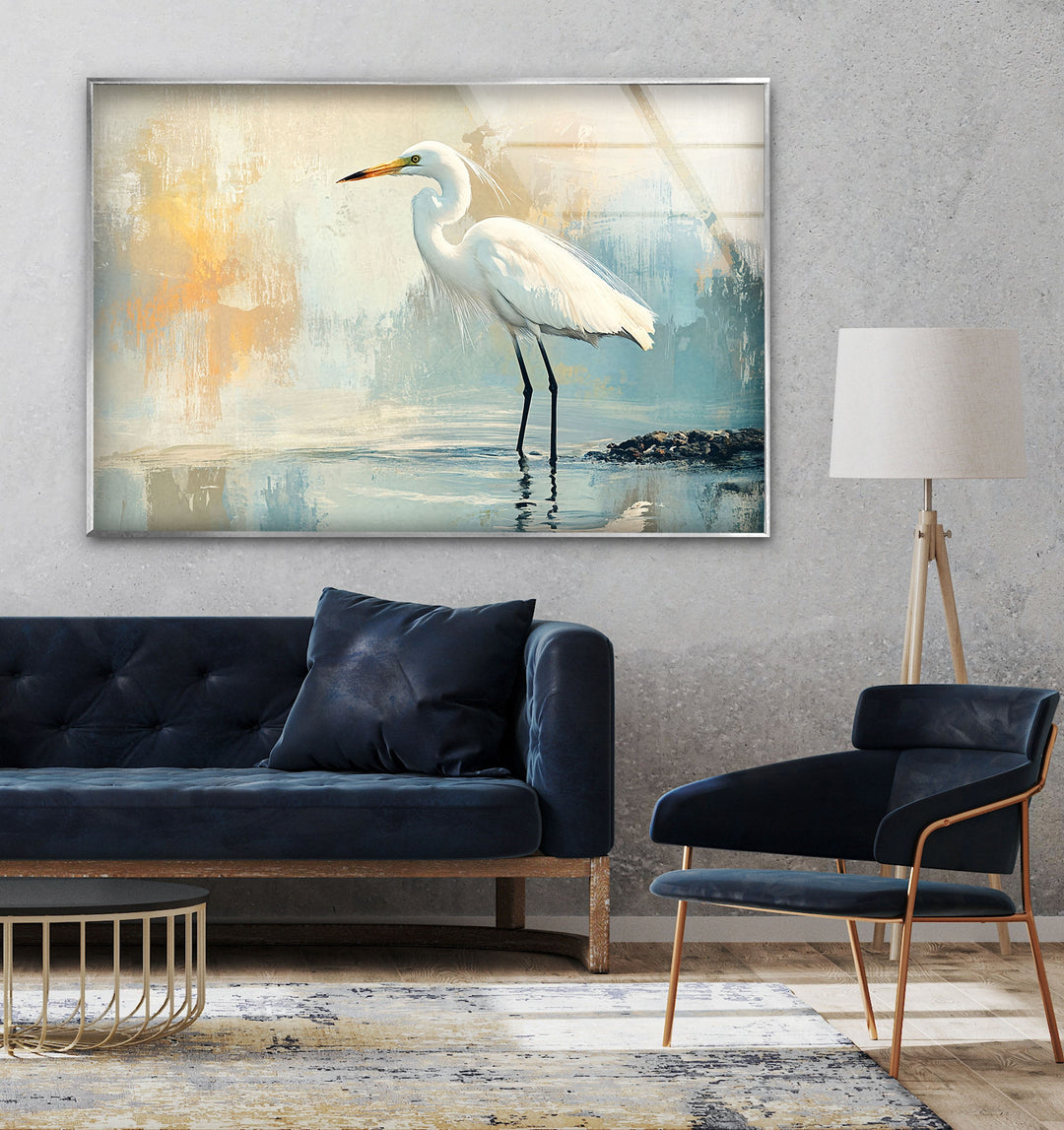 Whispering Waters – Minimalistische Reiher-Wandkunst aus Glas