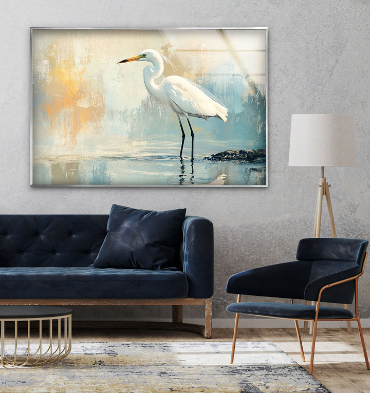 Whispering Waters – Minimalistische Reiher-Wandkunst aus Glas
