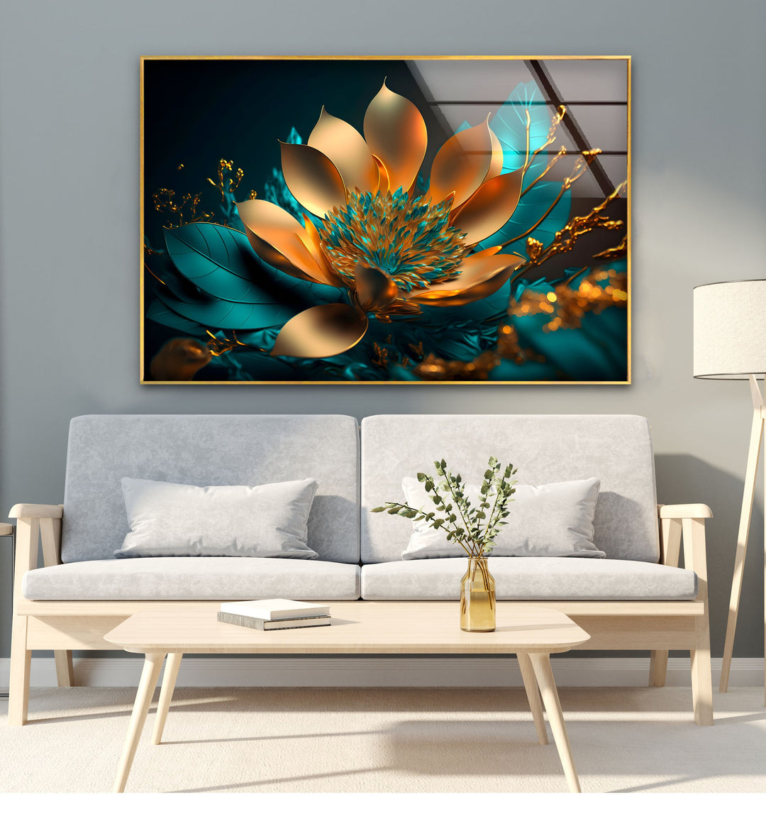 Golden Bloom Radiance – Modern Glass Wall Art