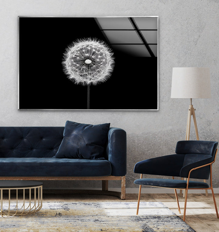 A high-contrast dandelion design in black and white, bringing serenity and sophistication to glass wall art.
