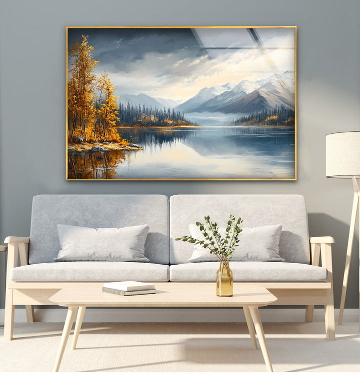 Snow-Capped Mountains and Autumn Trees - Glass Wall Art