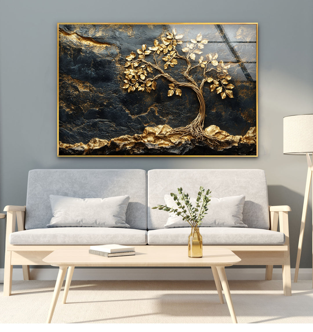 Golden Roots Tree – Strukturierte Luxus-Wandkunst aus Glas