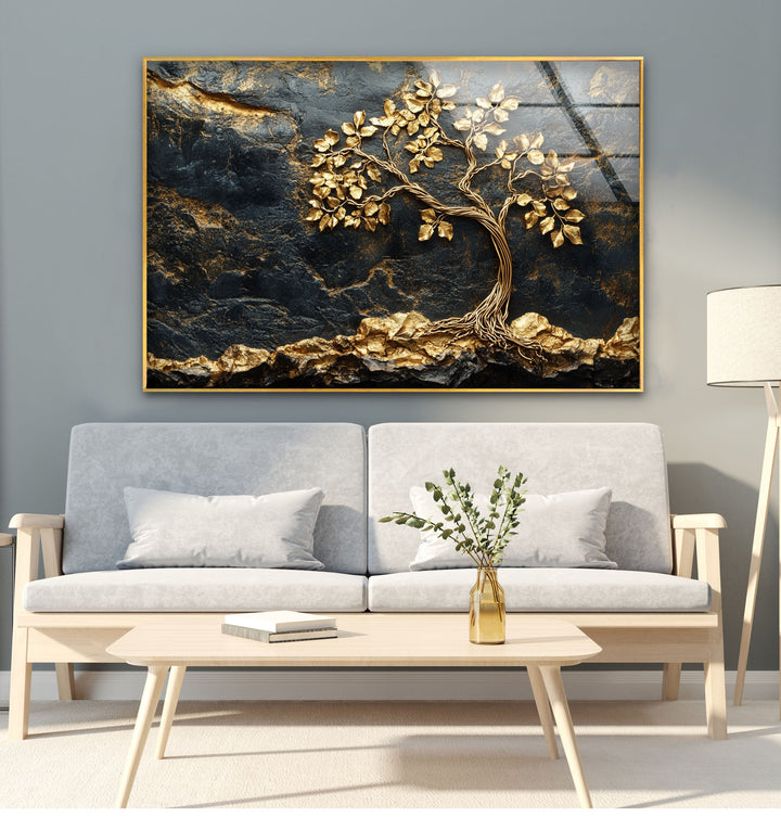 Golden Roots Tree – Strukturierte Luxus-Wandkunst aus Glas