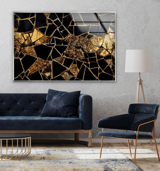 Black marble with gold abstract stained glass hanging wall art featuring dark, fragmented geometric shapes.