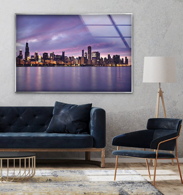 Glaswandkunst mit der Skyline von Chicago – Atemberaubender Blick auf die Innenstadt von Chicago bei Sonnenuntergang