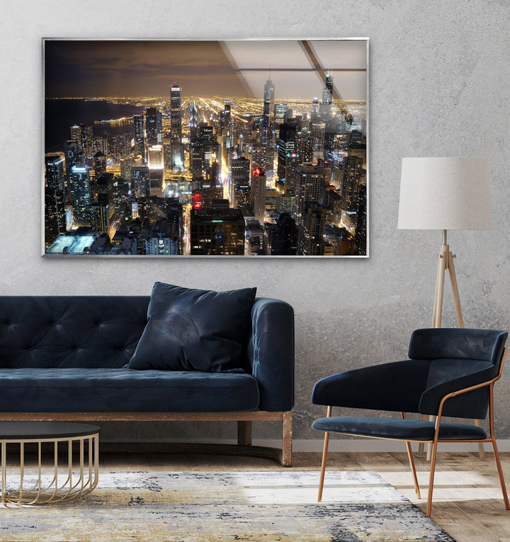 Chicago Stadtbild Glaswandkunst – Nacht Skyline Modernes Dekor