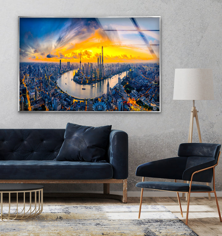 Glaswandkunst mit Skyline von Shanghai – Luftaufnahme des Stadtbilds bei Sonnenuntergang