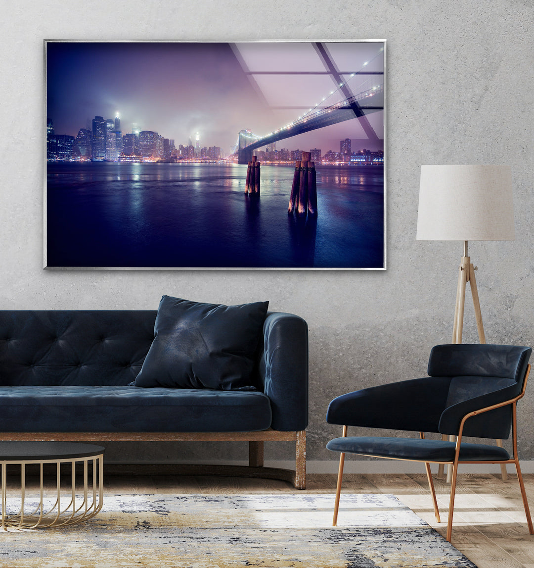 Brooklyn Bridge Glaswandkunst – Atemberaubende Skyline von New York bei Nacht mit Brooklyn Bridge