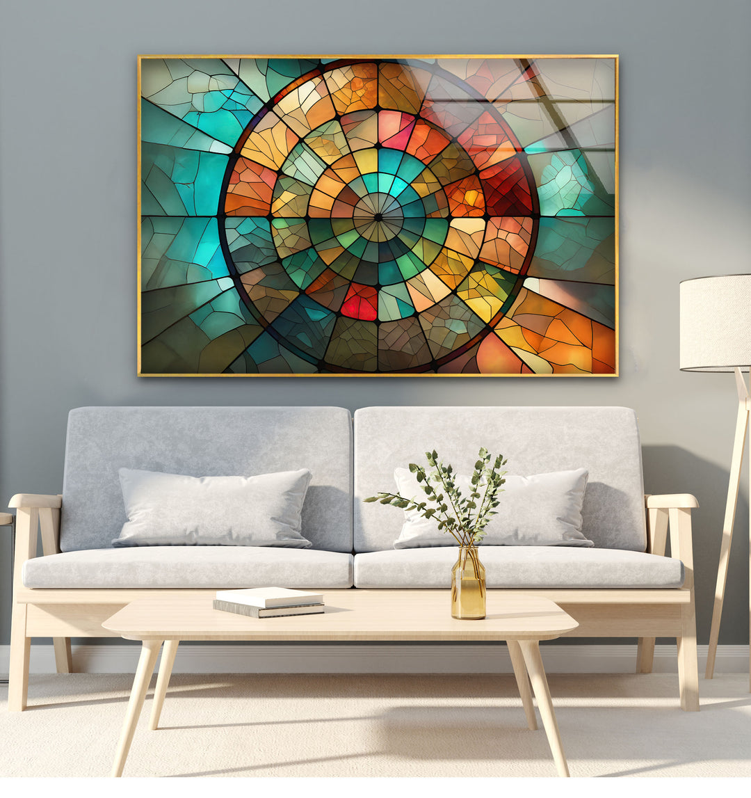Rustikale Mosaik-Wandkunst aus Buntglas – Erdiges rundes Fensterdesign