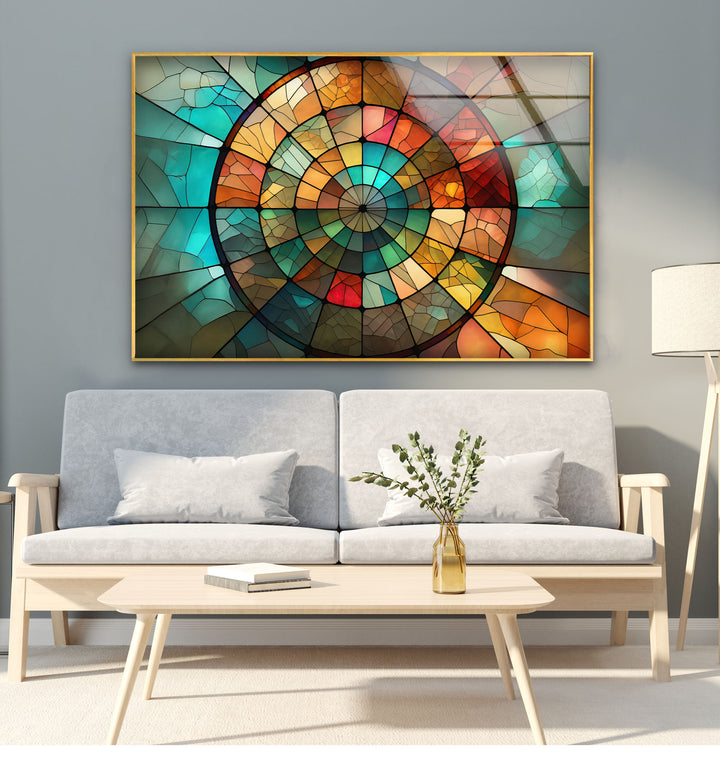 Rustikale Mosaik-Wandkunst aus Buntglas – Erdiges rundes Fensterdesign
