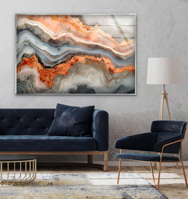 Orange Marble Veins Modern Glass Printing Wall Art for living room