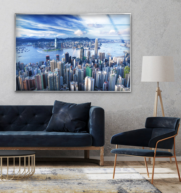 Glaswandkunst mit Skyline von Hongkong – Stadtbild und Hafenblick aus der Luft
