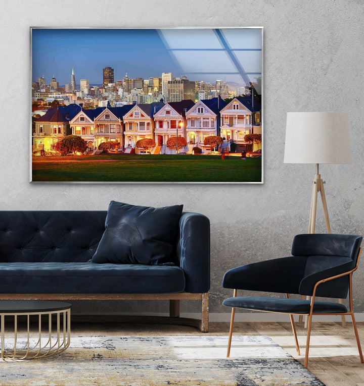 San Francisco Glaswandkunst – Painted Ladies &amp; Skyline der Stadt