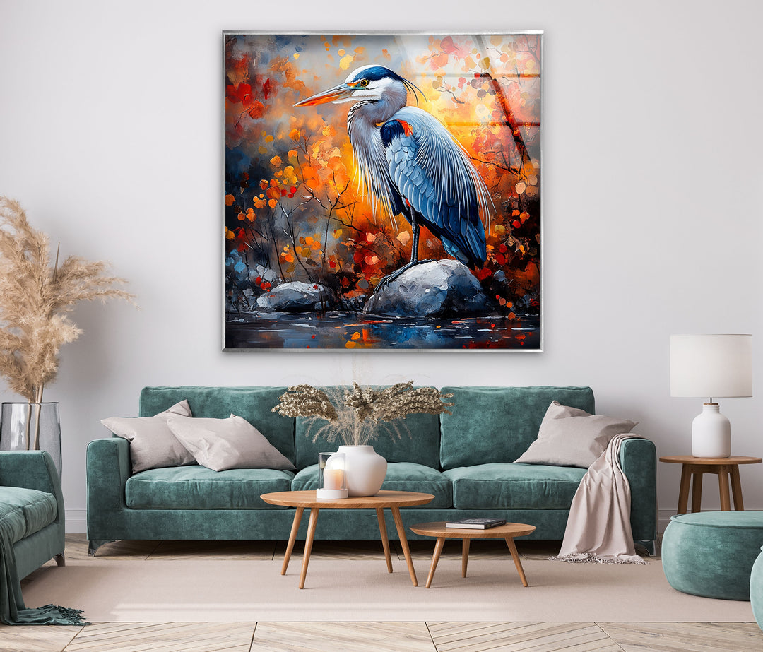 Herbstmajestät – Reiher im feurigen Laub Glaswandkunst