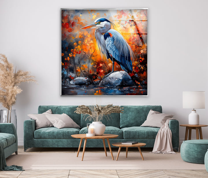 Herbstmajestät – Reiher im feurigen Laub Glaswandkunst