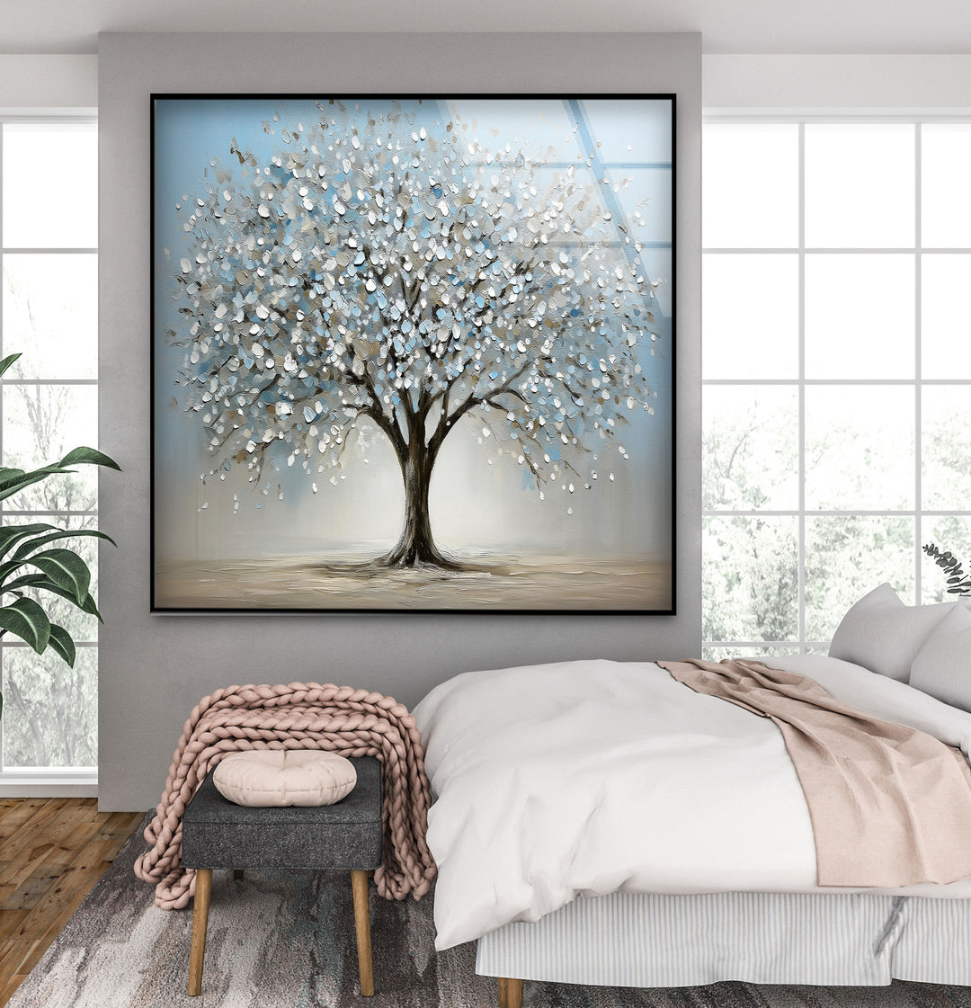 Blossoming Serenity Tree – Textured Modern Nature Glass Wall Art