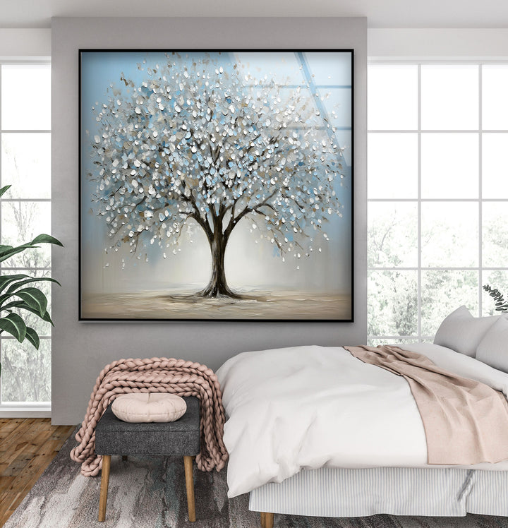 Blossoming Serenity Tree – Textured Modern Nature Glass Wall Art