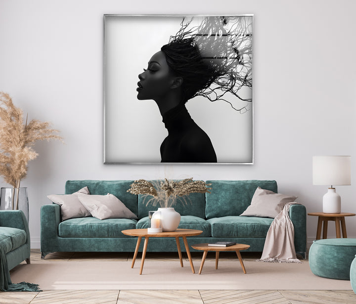 Abstract Profile Portrait – Black & White Woman with Flowing Hair Wall Art