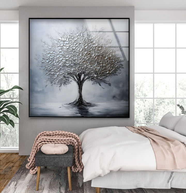 Silver Serenity – Moderne strukturierte Baumglas-Wandkunst