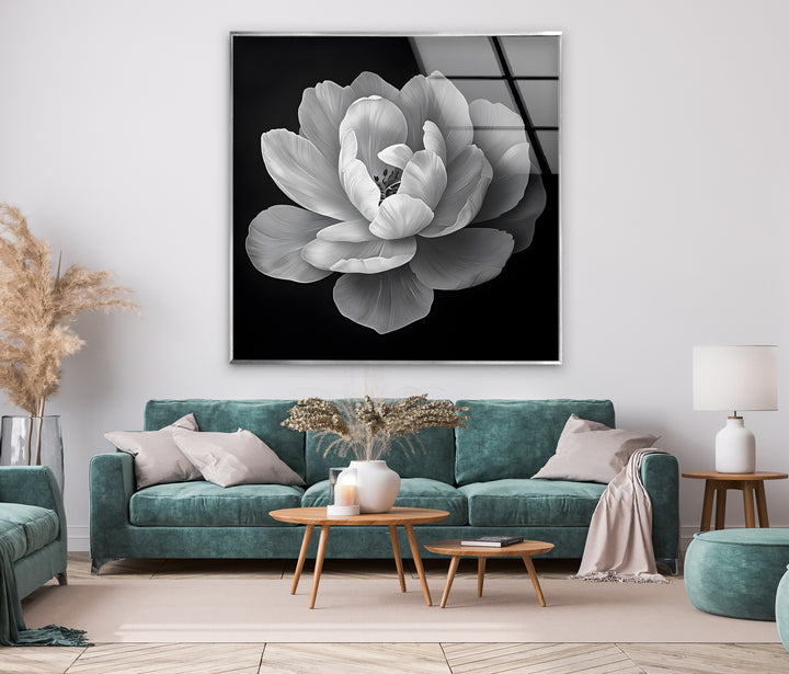 Floral-inspired black and white abstract art, adding beauty and refinement to glass wall art decor.