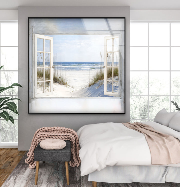 White Sands Serenity – Open Window Coastal Glass Wall Art