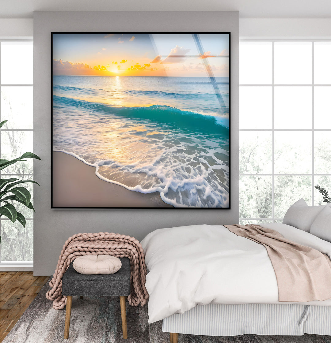 Serene Shoreline – Sunset Ocean Glass Wall Art