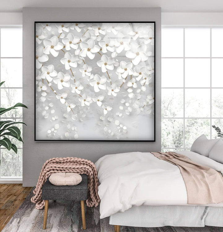 White Blossom Serenity – Elegant Floral Glass Wall Art