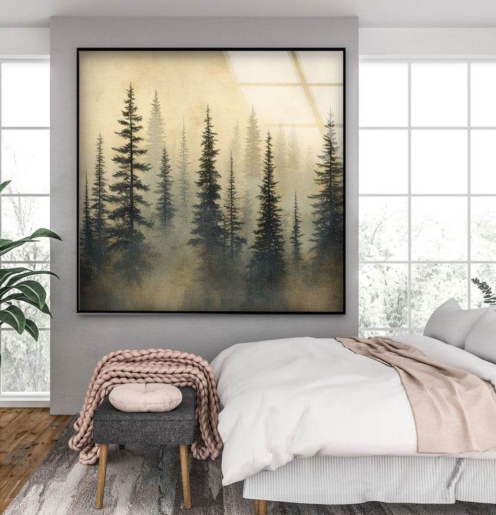 Whispers in the Pines – Misty Forest Scene Glass Wall Art
