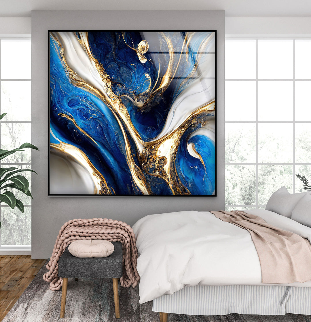Celestial Currents – Blue and Gold Abstract Glass Wall Art