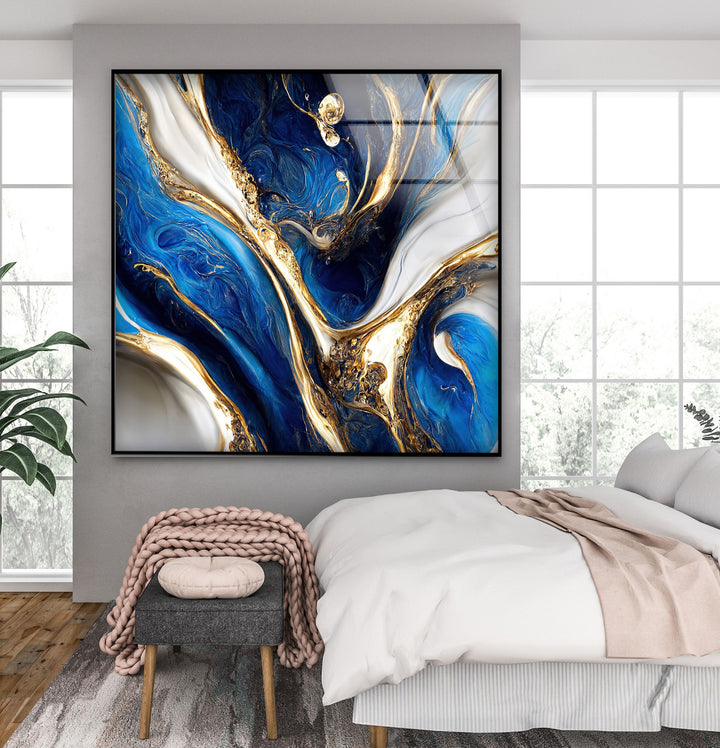 Celestial Currents – Blue and Gold Abstract Glass Wall Art