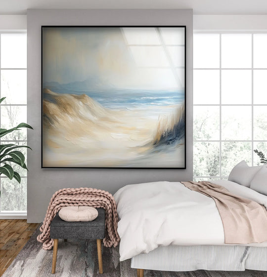 Foregrounding the textured detail, the tranquil coastal art showcases the beauty of glass printing with soft waves, peaceful pastels, and dune whispers.