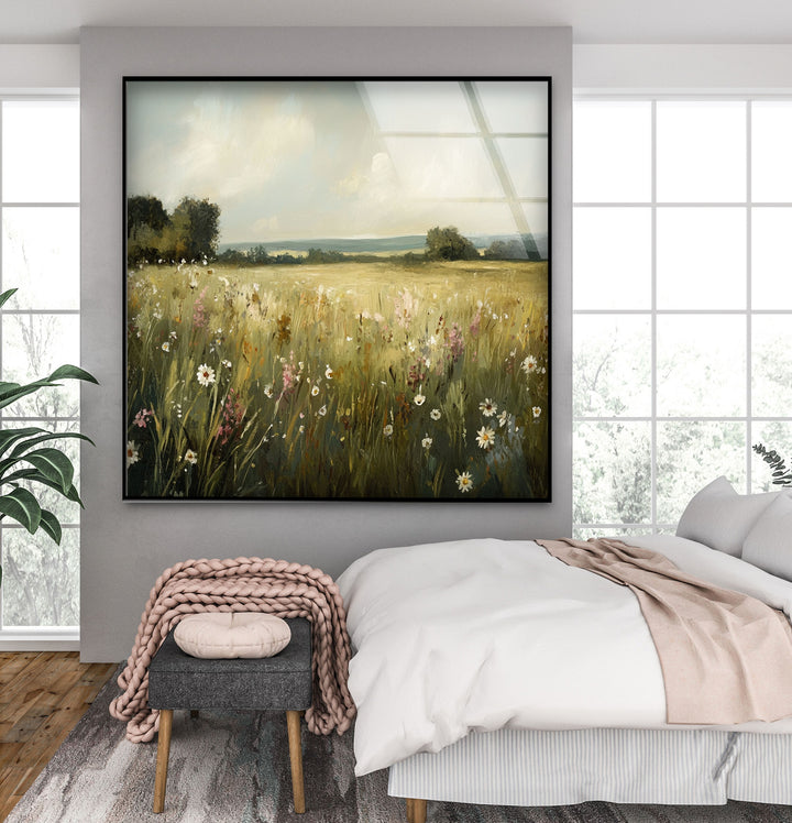 Golden Meadow Breeze – Wildflower Field in Soft Sunshine Glass Wall Art