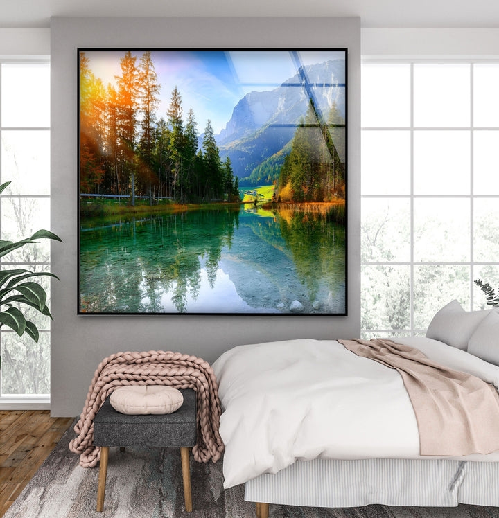 Tranquil Reflections – Alpine Lake and Mountain View Glass Wall Art