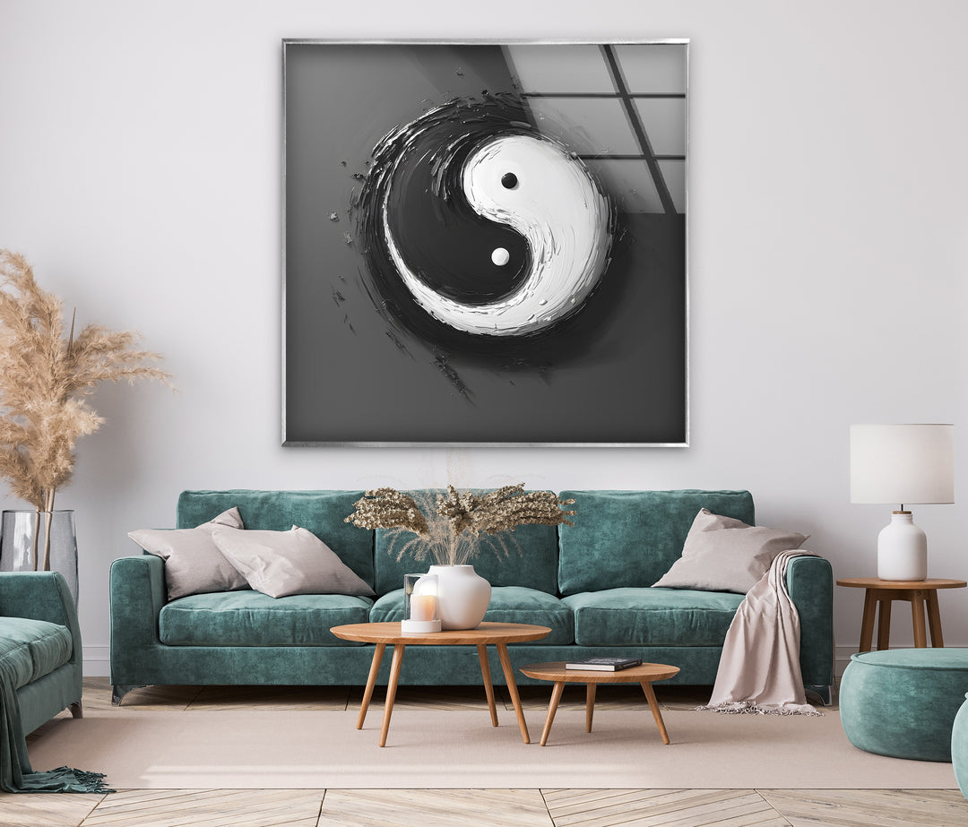 A beautifully detailed yin-yang composition printed on high-definition black and white glass wall art.